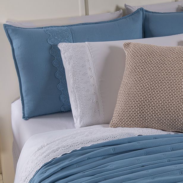 Kit Cama Posta Serena Percal 300 Fios Bordado Inglês Branco/Azul/Marfim