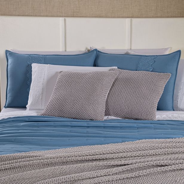 Kit Cama Posta Serena Percal 300 Fios Bordado Inglês Branco/Azul/Prata