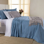 Kit Cama Posta Serena Percal 300 Fios Bordado Inglês Branco/Azul/Prata