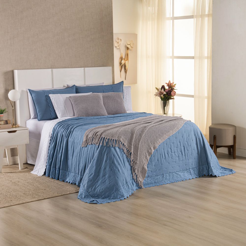Kit Cama Posta Serena Percal 300 Fios Bordado Inglês Branco/Azul/Prata