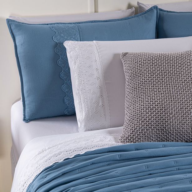 Kit Cama Posta Serena Percal 300 Fios Bordado Inglês Branco/Azul/Prata