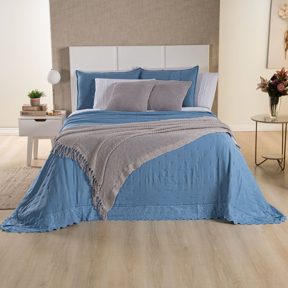 Kit Cama Posta Serena Percal 300 Fios Bordado Inglês Branco/Azul/Prata