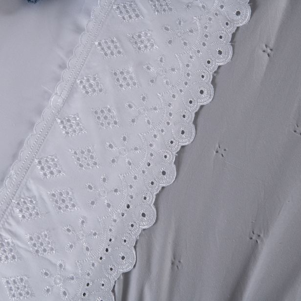 Kit Cama Posta Serena Percal 300 Fios Bordado Inglês Branco/Cinza/Azul