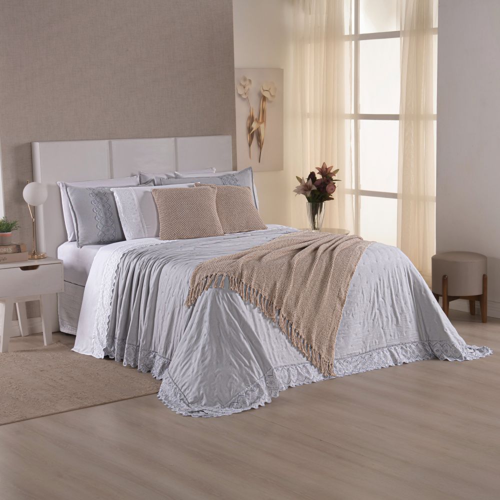 Kit Cama Posta Serena Percal 300 Fios Bordado Inglês Branco/Cinza/Marfim