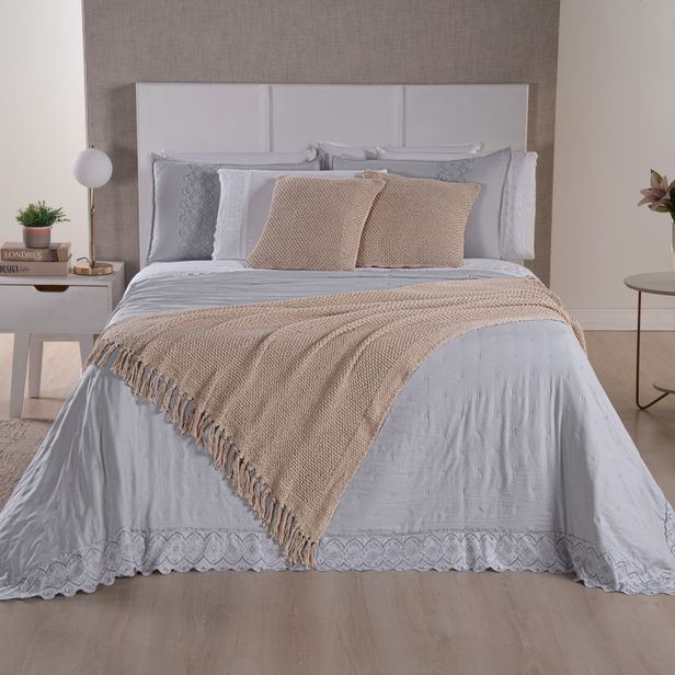 Kit Cama Posta Serena Percal 300 Fios Bordado Inglês Branco/Cinza/Marfim