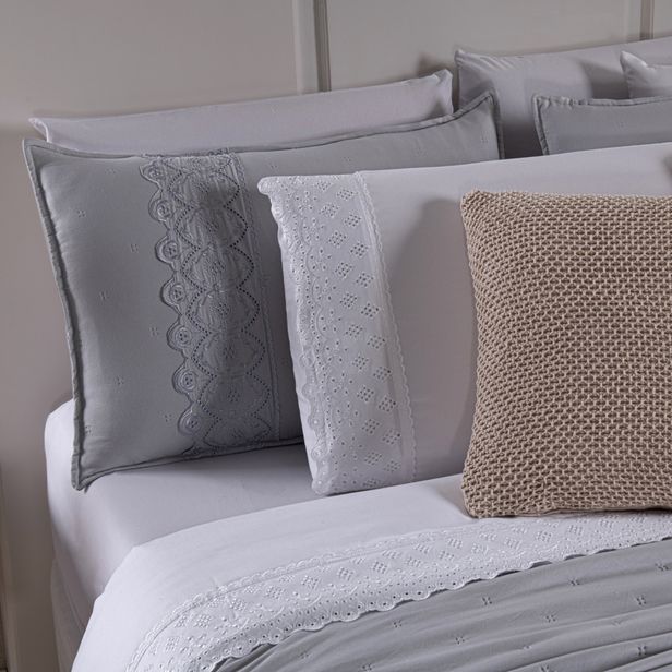 Kit Cama Posta Serena Percal 300 Fios Bordado Inglês Branco/Cinza/Marfim