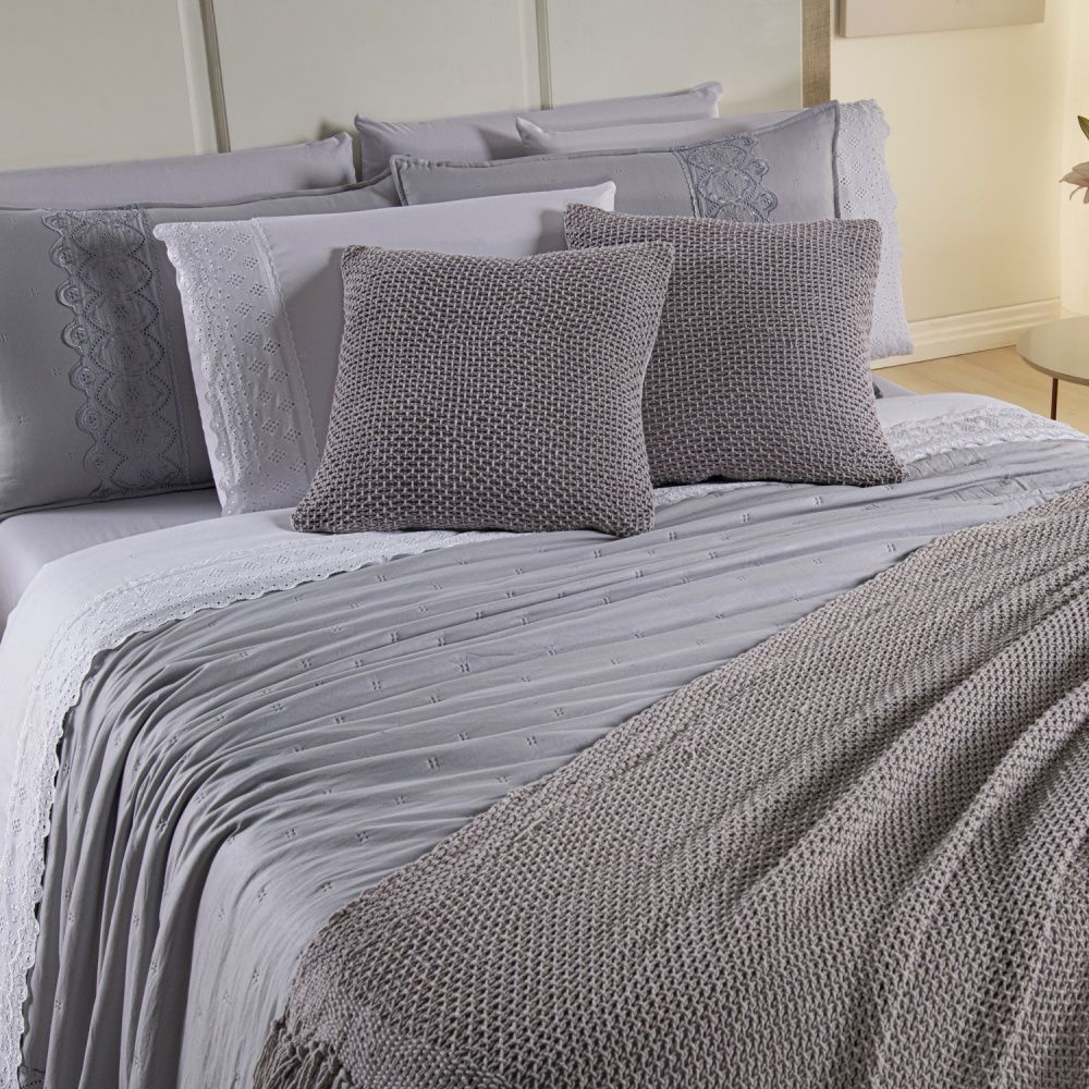 Kit Cama Posta Serena Percal 300 Fios Bordado Inglês Branco/Cinza/Prata