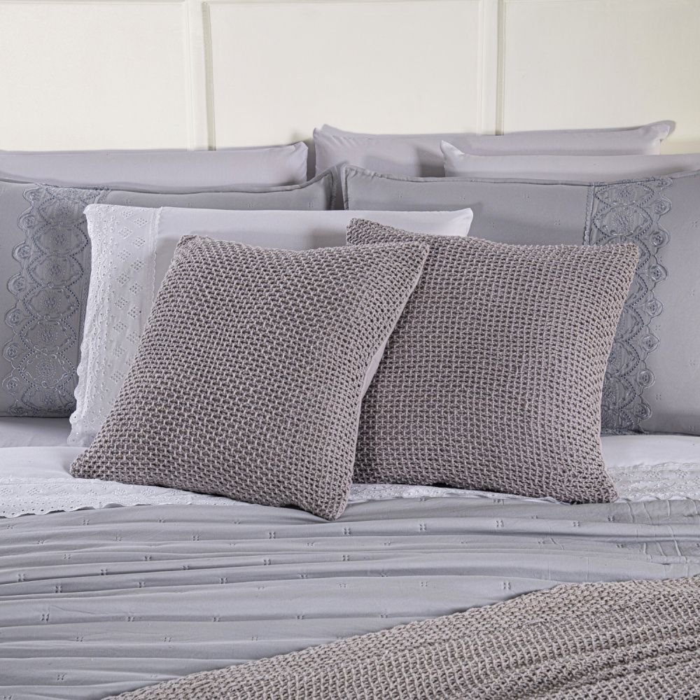 Kit Cama Posta Serena Percal 300 Fios Bordado Inglês Branco/Cinza/Prata
