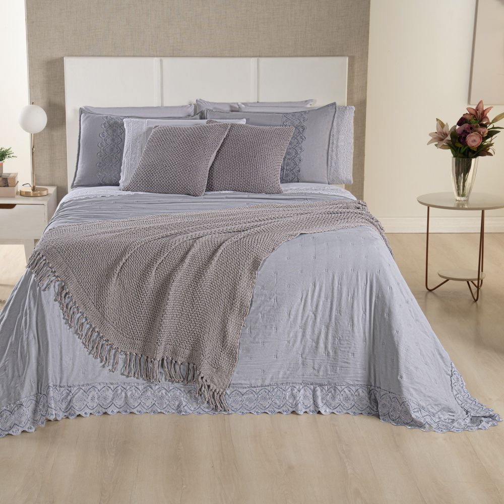 Kit Cama Posta Serena Percal 300 Fios Bordado Inglês Branco/Cinza/Prata