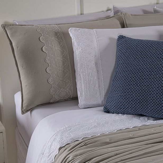 Kit Cama Posta Serena Percal 300 Fios Bordado Inglês Branco/Fendi/Azul