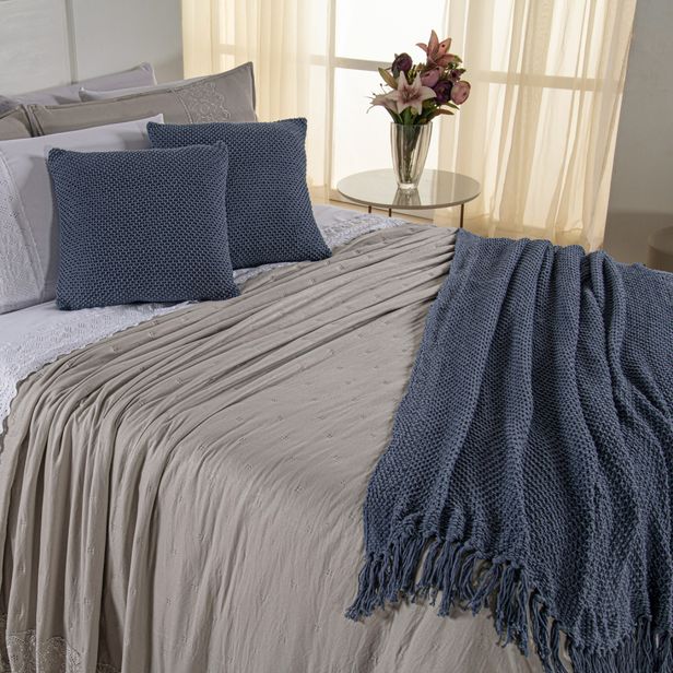 Kit Cama Posta Serena Percal 300 Fios Bordado Inglês Branco/Fendi/Azul