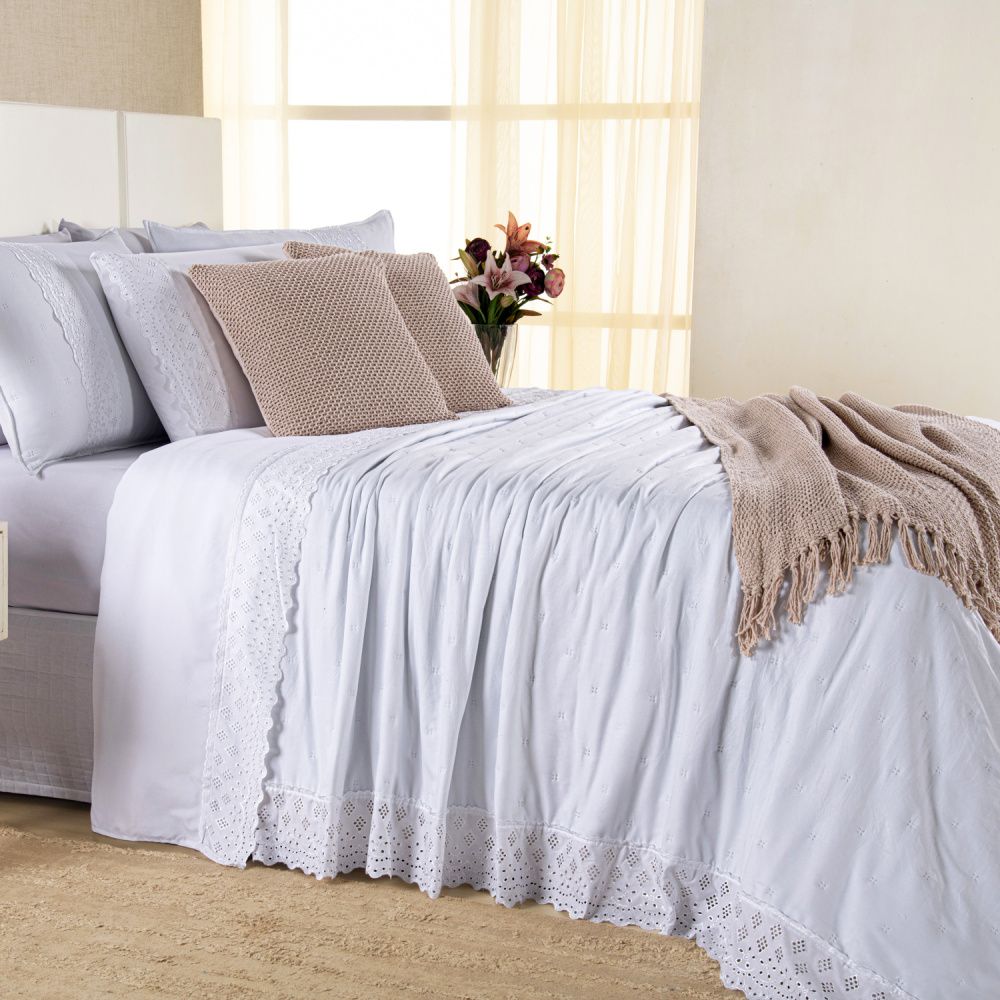Kit Cama Posta Serena Percal 300 Fios Bordado Inglês Branco/Marfim