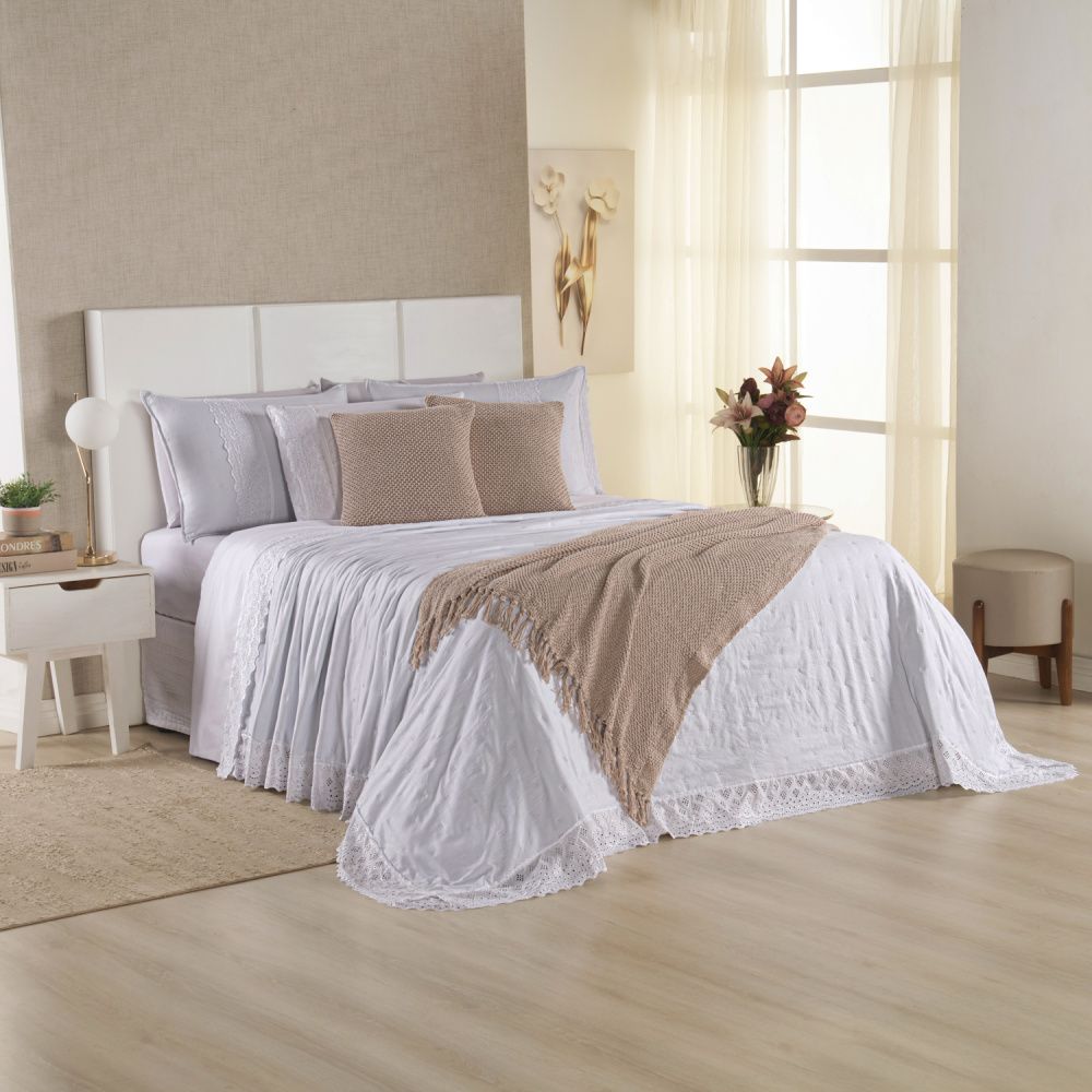 Kit Cama Posta Serena Percal 300 Fios Bordado Inglês Branco/Marfim