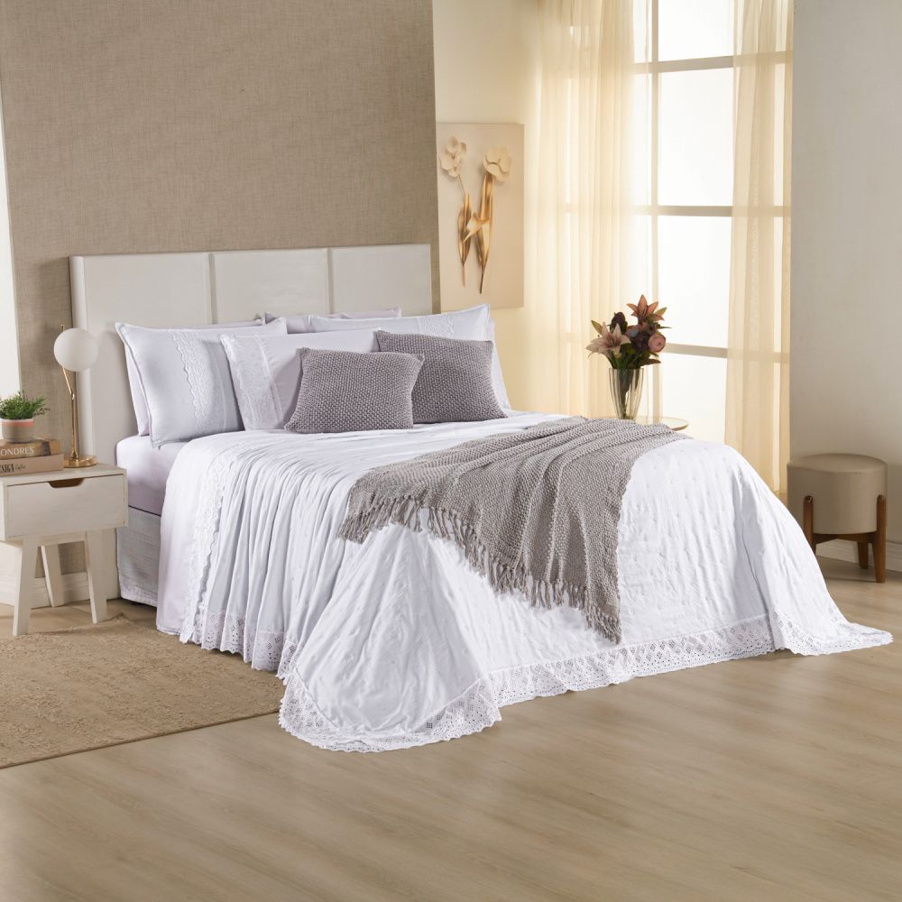 Kit Cama Posta Serena Percal 300 Fios Bordado Inglês Branco/Prata