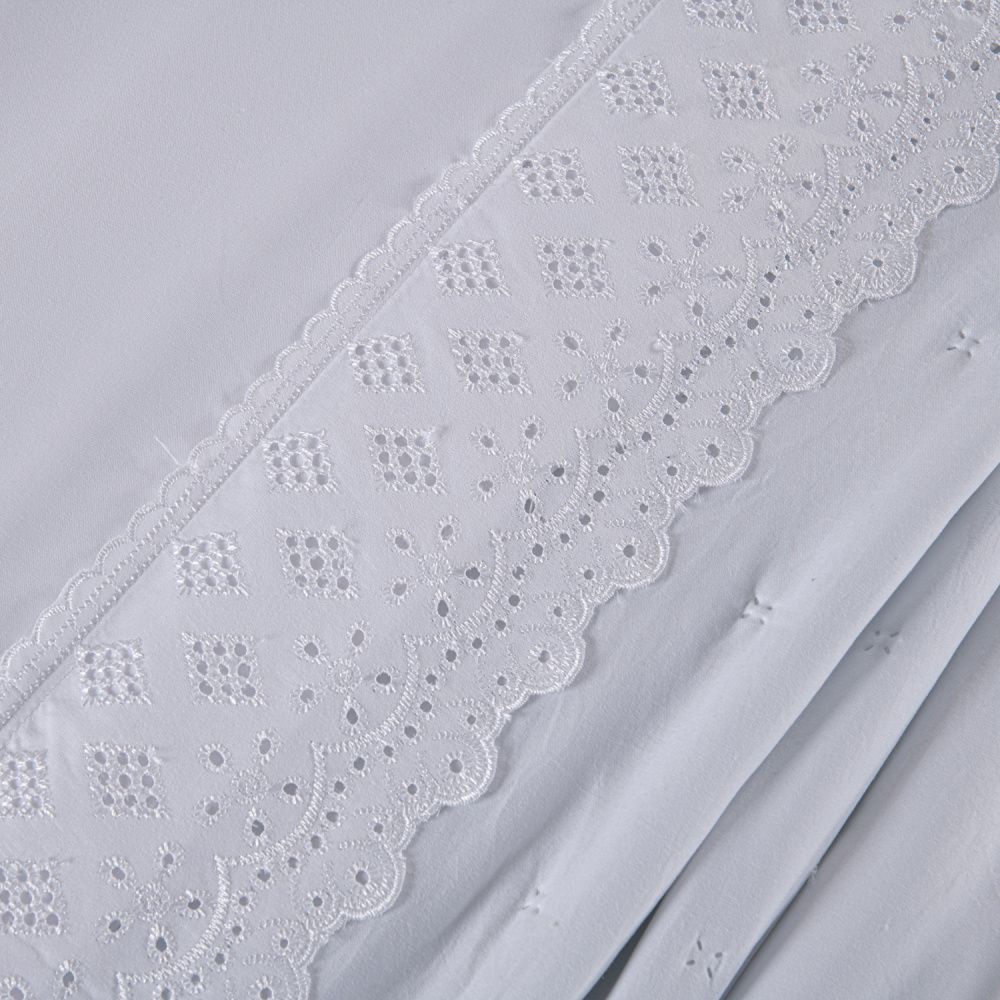 Kit Cama Posta Serena Percal 300 Fios Bordado Inglês Branco/Prata
