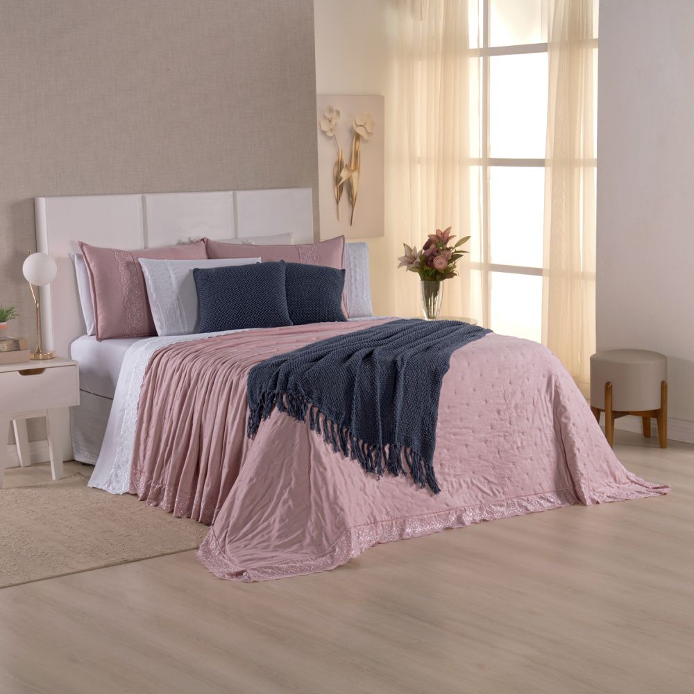 Kit Cama Posta Serena Percal 300 Fios Bordado Inglês Branco/Rosê/Azul