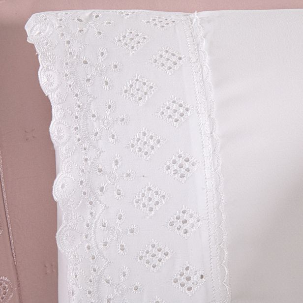 Kit Cama Posta Serena Percal 300 Fios Bordado Inglês Branco/Rosê/Azul