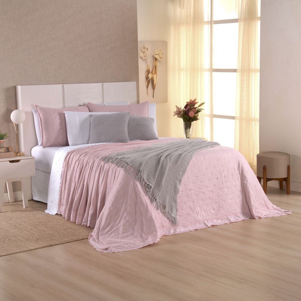 Kit Cama Posta Serena Percal 300 Fios Bordado Inglês Branco/Rosê/Prata