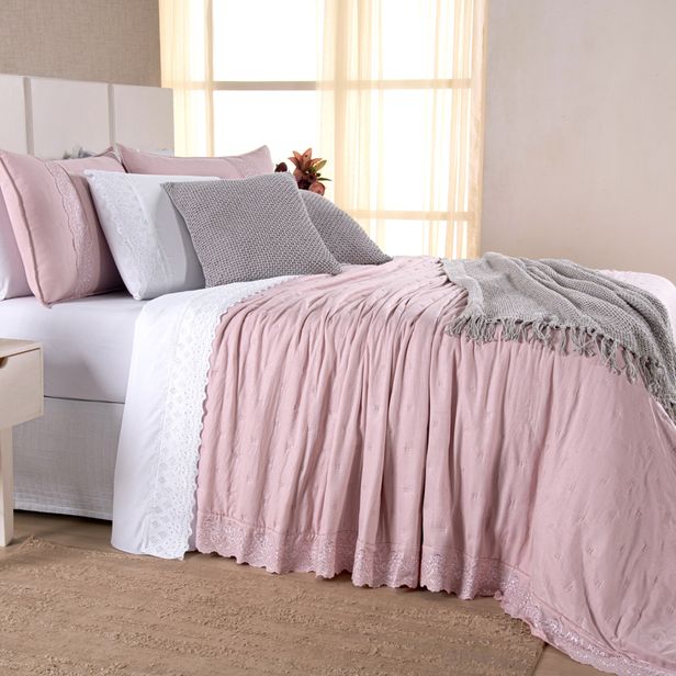 Kit Cama Posta Serena Percal 300 Fios Bordado Inglês Branco/Rosê/Prata