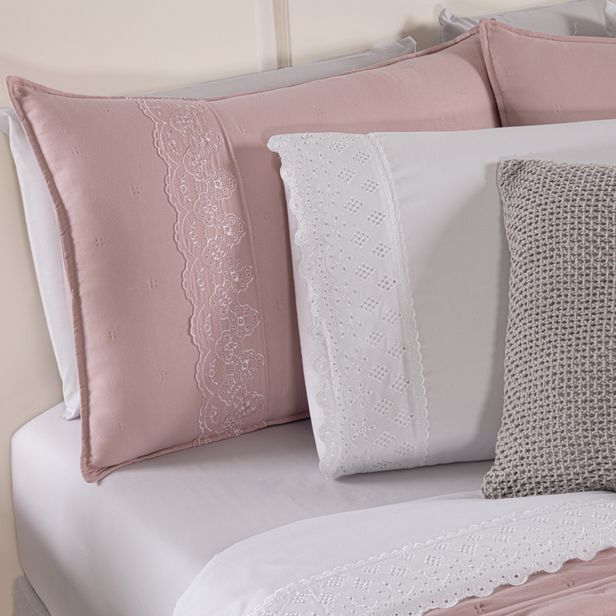 Kit Cama Posta Serena Percal 300 Fios Bordado Inglês Branco/Rosê/Prata