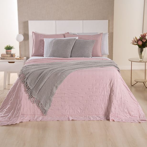 Kit Cama Posta Serena Percal 300 Fios Bordado Inglês Branco/Rosê/Prata