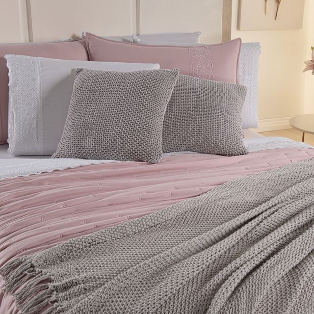 Kit Cama Posta Serena Percal 300 Fios Bordado Inglês Branco/Rosê/Prata
