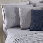 Kit Cama Posta Serena Percal 300 Fios Bordado Inglês Cinza/Azul