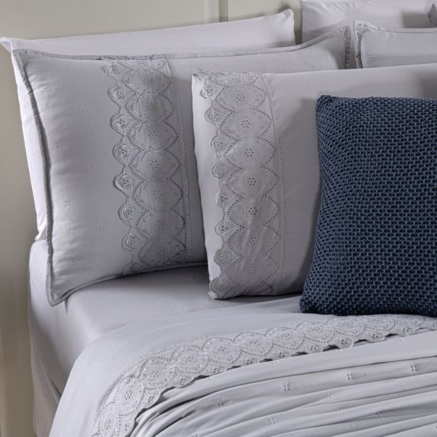 Kit Cama Posta Serena Percal 300 Fios Bordado Inglês Cinza/Azul