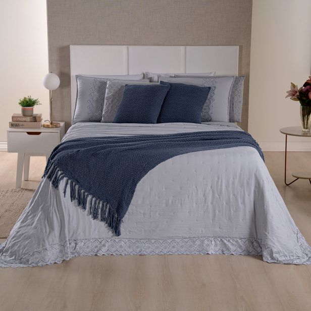 Kit Cama Posta Serena Percal 300 Fios Bordado Inglês Cinza/Azul