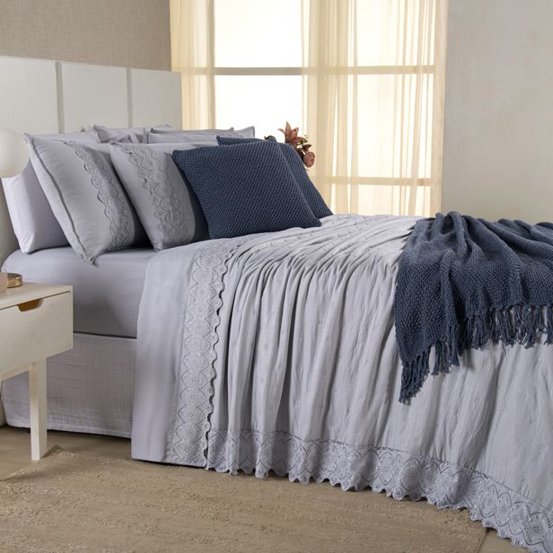 Kit Cama Posta Serena Percal 300 Fios Bordado Inglês Cinza/Azul