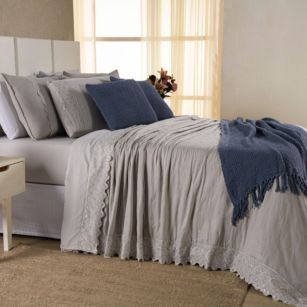 Kit Cama Posta Serena Percal 300 Fios Bordado Inglês Fendi/Azul