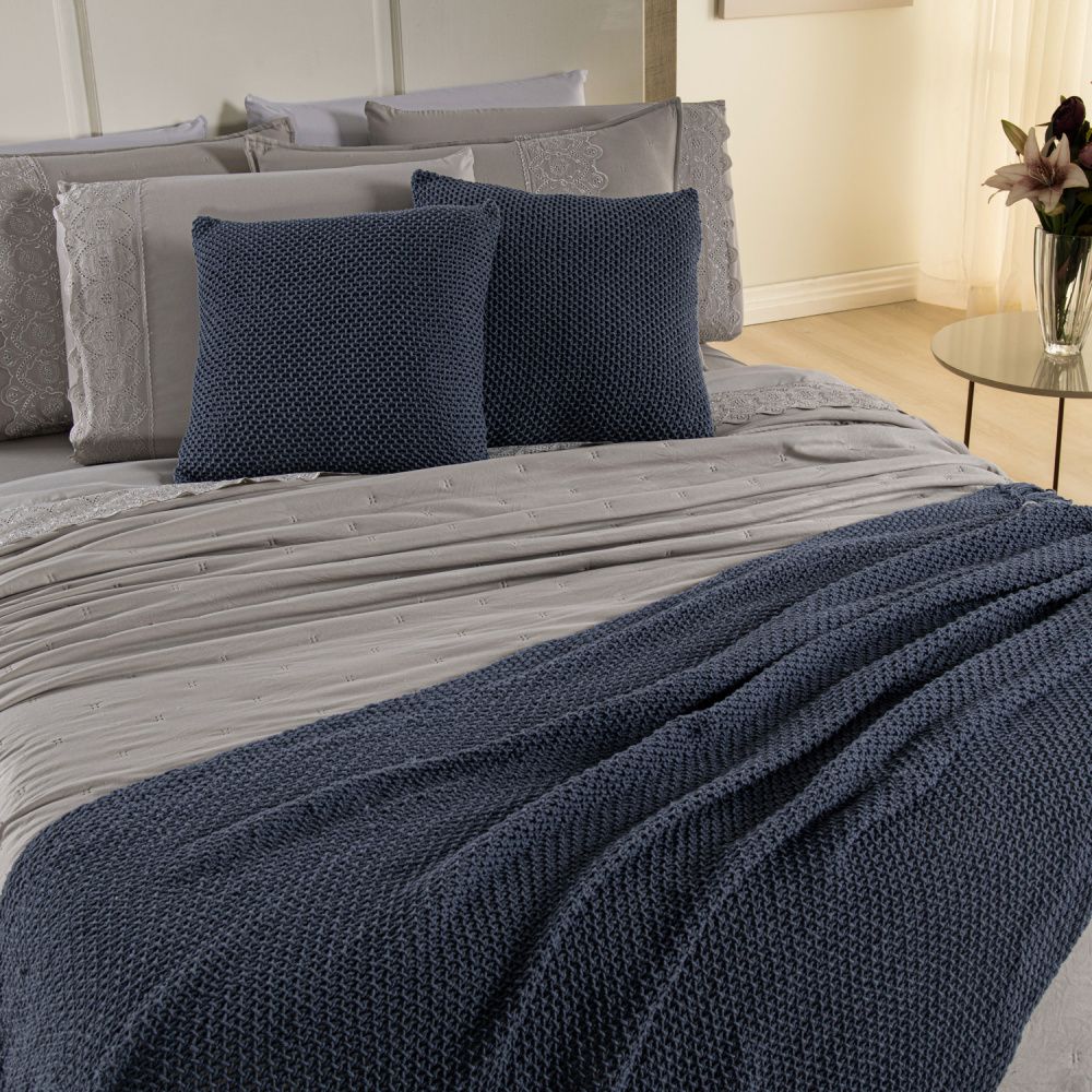 Kit Cama Posta Serena Percal 300 Fios Bordado Inglês Fendi/Azul