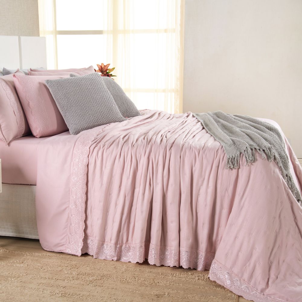 Kit Cama Posta Serena Percal 300 Fios Bordado Inglês Rosê/Prata
