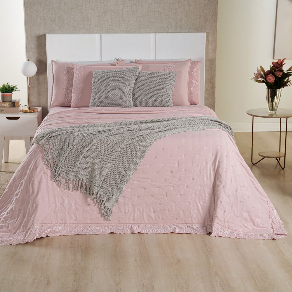 Kit Cama Posta Serena Percal 300 Fios Bordado Inglês Rosê/Prata
