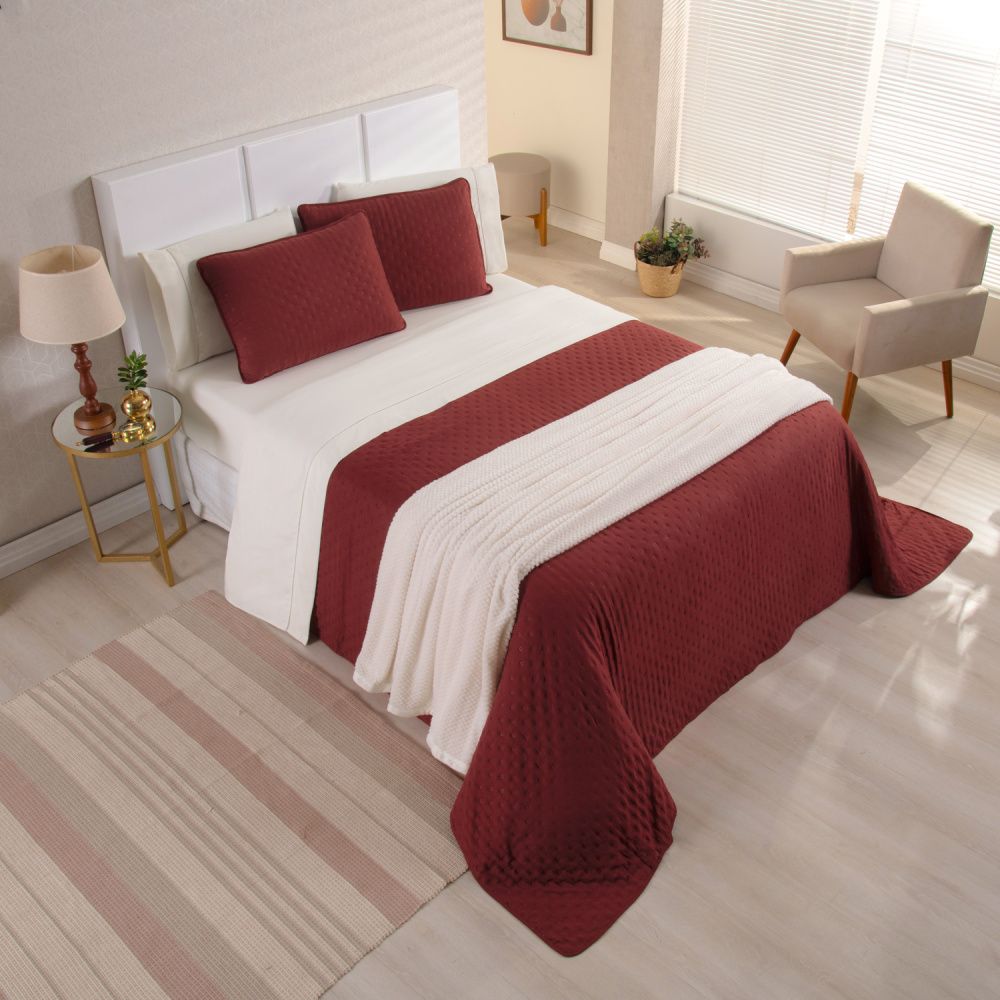 Kit Cama Posta Isabelle Palha/Vinho/Marfim