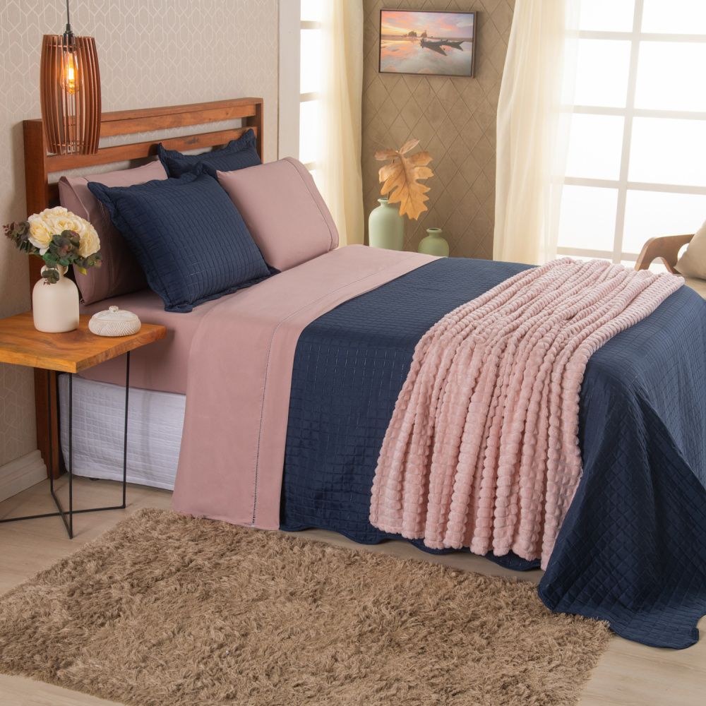 Kit Cama Posta Vitória Rosê/Azul Marinho