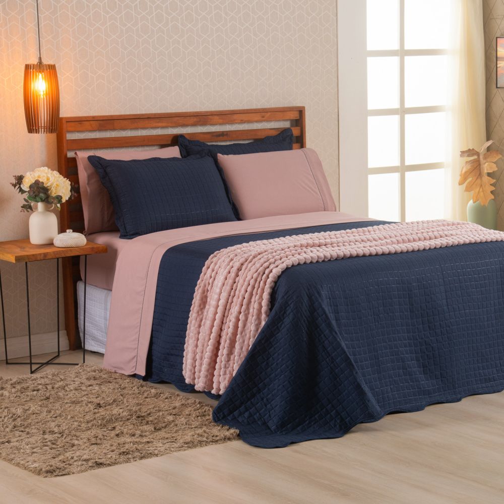 Kit Cama Posta Vitória Rosê/Azul Marinho