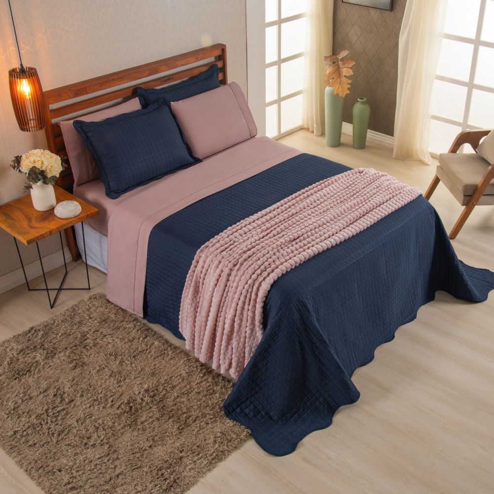 Kit Cama Posta Vitória Rosê/Azul Marinho