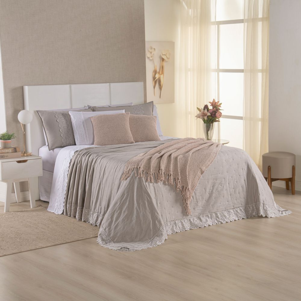 Kit Cama Posta Serena Percal 300 Fios Bordado Inglês Branco/Fendi/Marfim