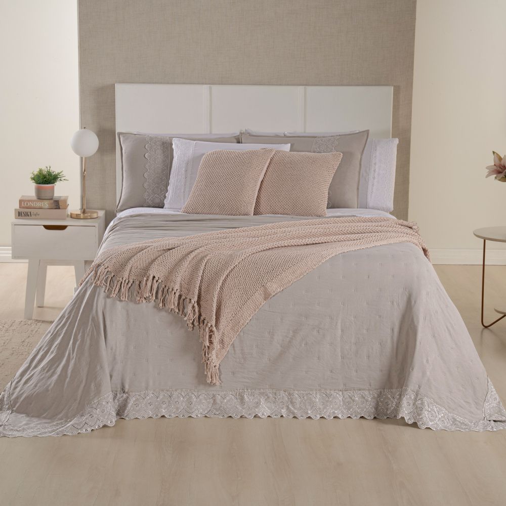 Kit Cama Posta Serena Percal 300 Fios Bordado Inglês Branco/Fendi/Marfim