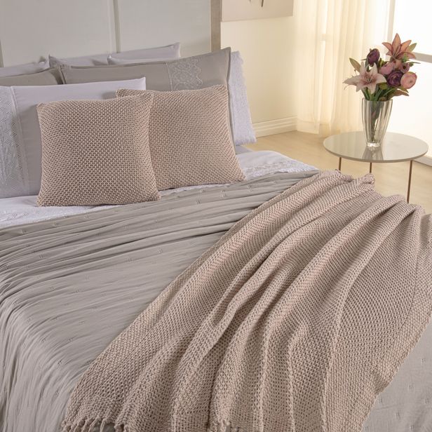 Kit Cama Posta Serena Percal 300 Fios Bordado Inglês Branco/Fendi/Marfim
