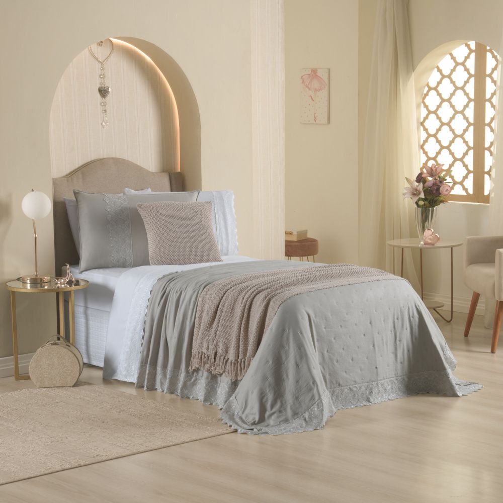 Kit Cama Posta Serena Percal 300 Fios Bordado Inglês Branco/Fendi/Marfim