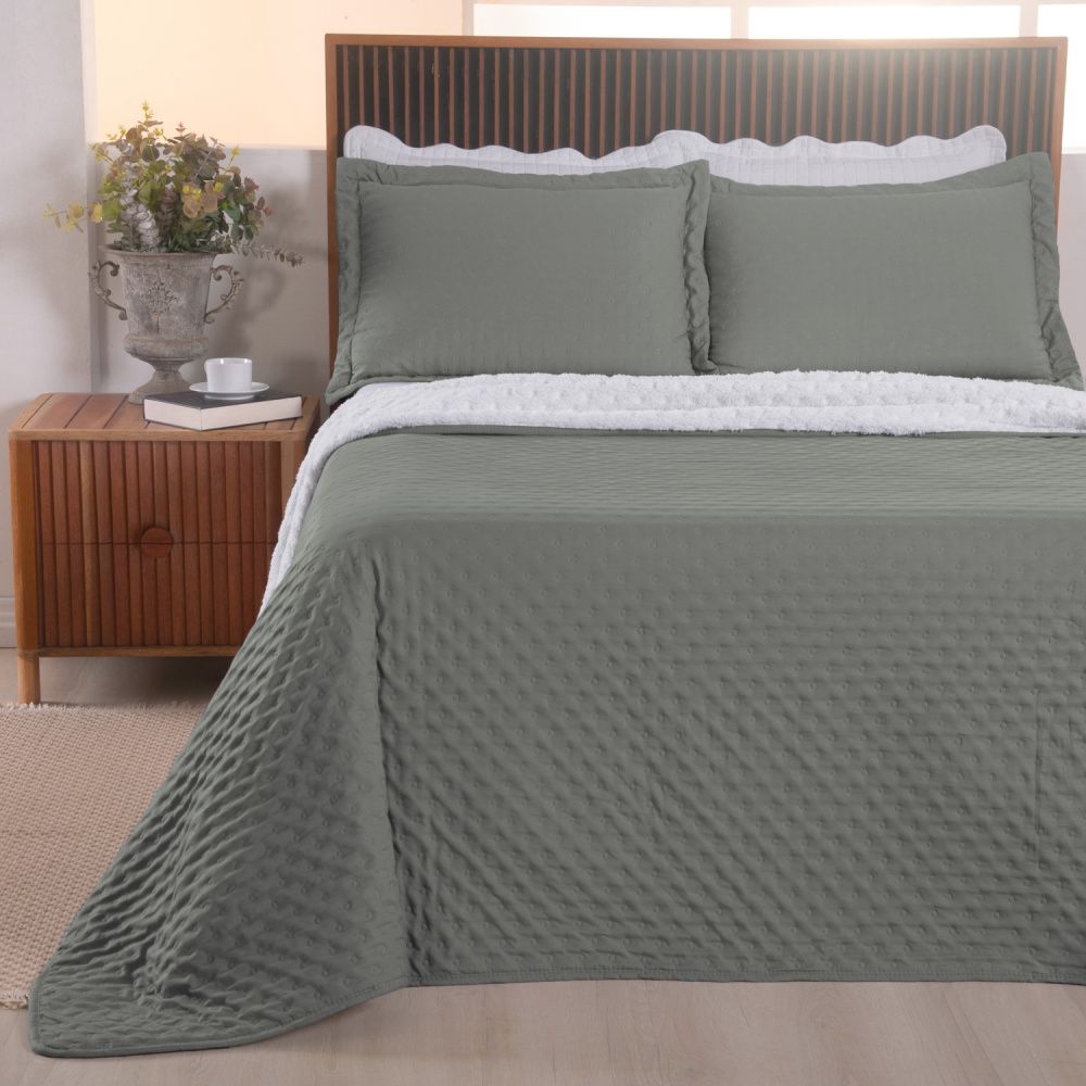 Kit Coberdrom Edredom Dots 3 Peças Percal 300 Fios Manta Sherpa Dupla Face Matelado Verde