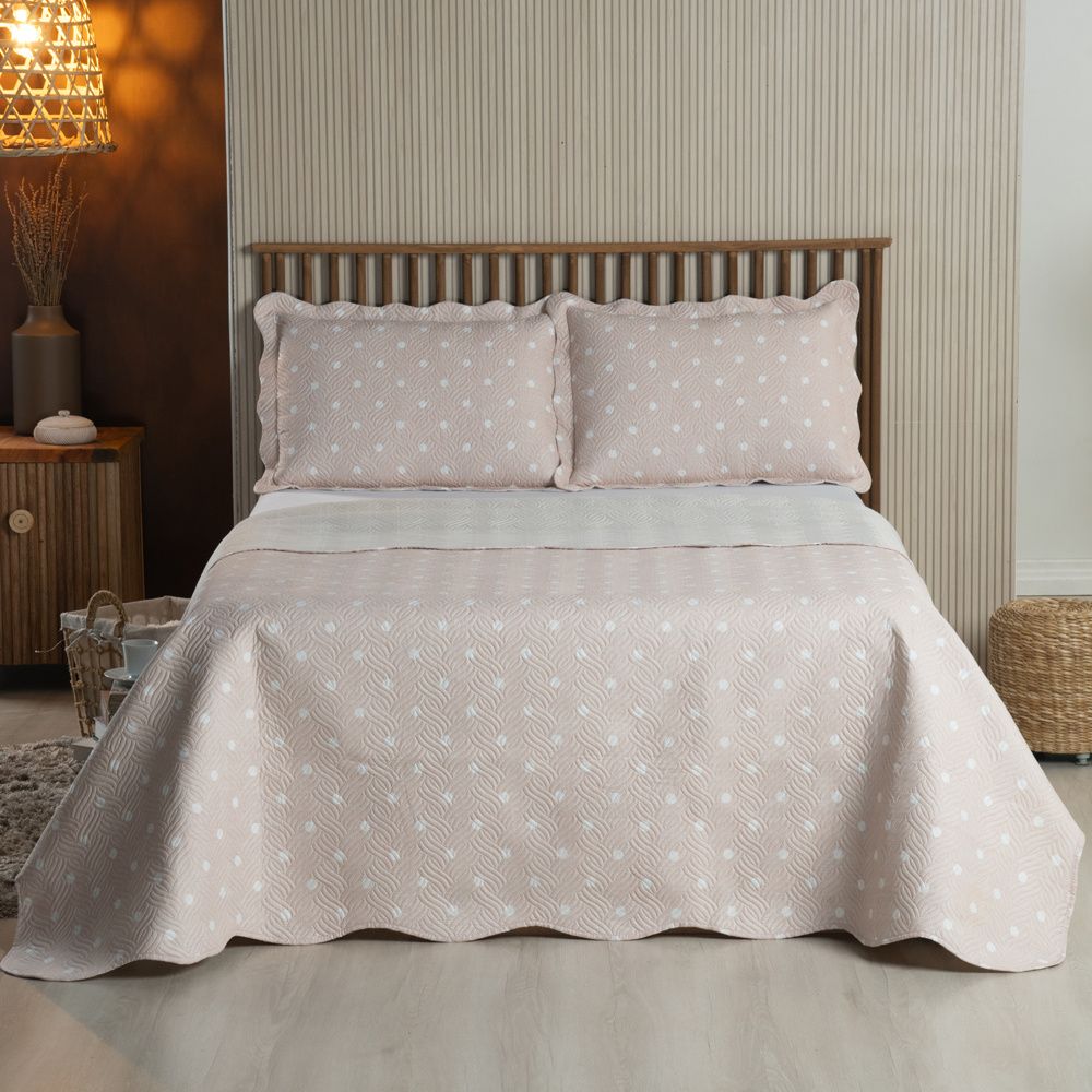 Kit Colcha Cobre Leito 150 Fios Matelado Boutis Estampada Dupla Face Havana Rosê