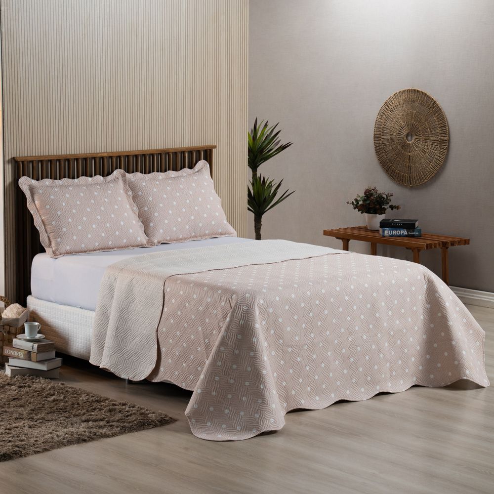 Kit Colcha Cobre Leito 150 Fios Matelado Boutis Estampada Dupla Face Havana Rosê