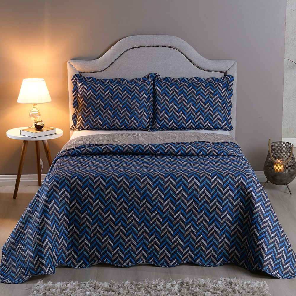 Kit Colcha Cobre Leito 150 Fios Matelado Boutis Estampada Dupla Face Montreal Azul