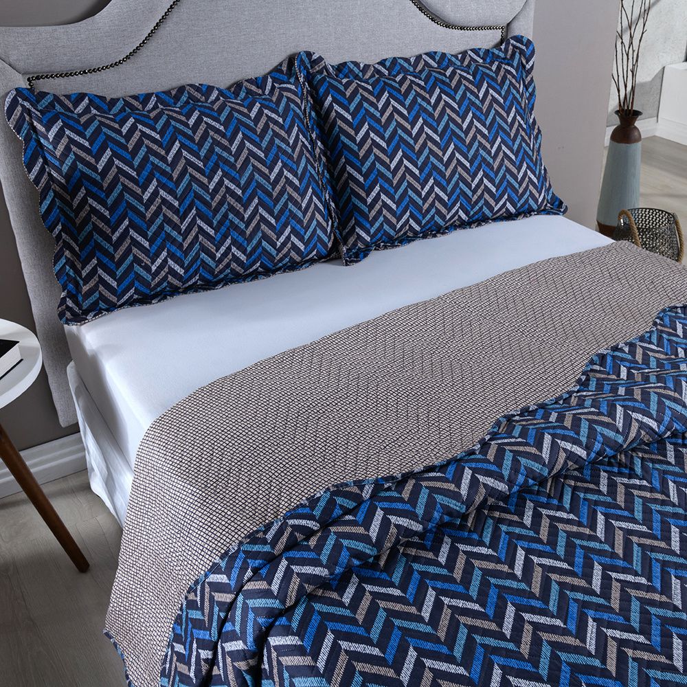 Kit Colcha Cobre Leito 150 Fios Matelado Boutis Estampada Dupla Face Montreal Azul