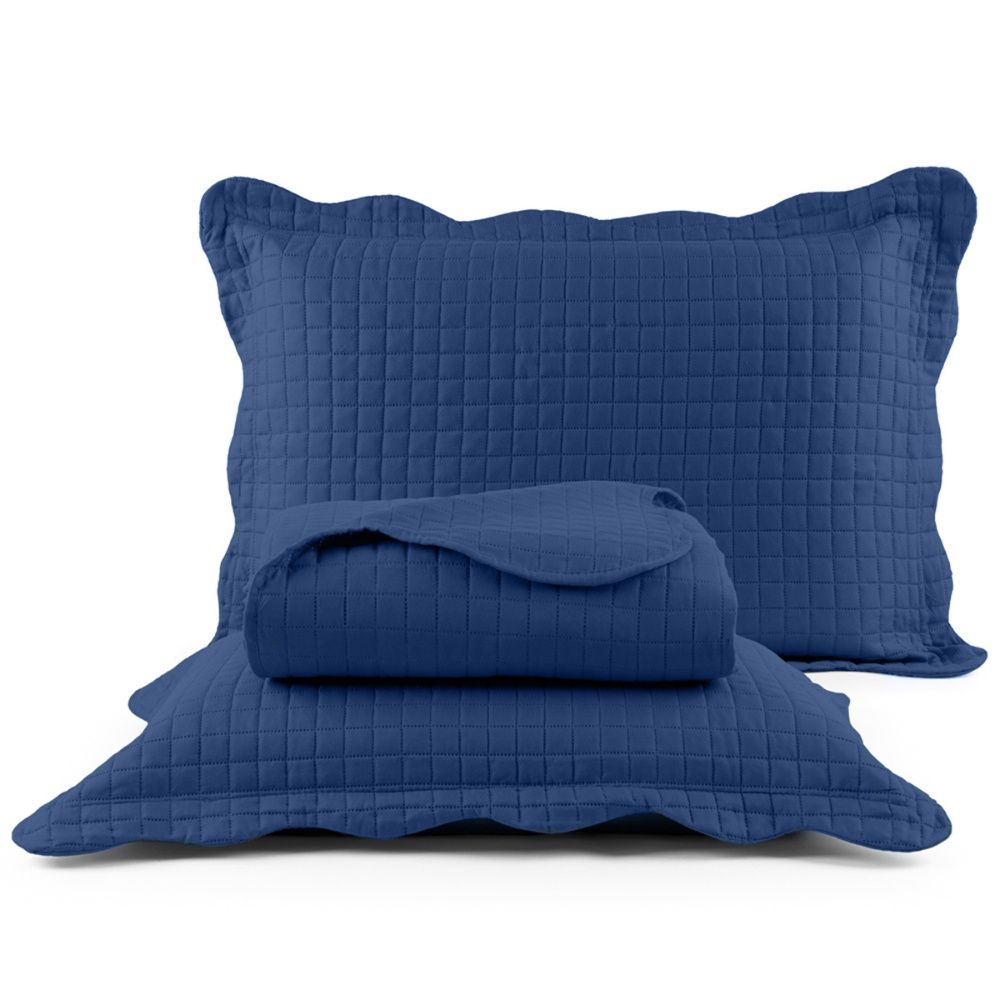 Kit Cobre Leito Colcha Boutis Pastilhas Dupla Face 150 Fios Matelado Marinho