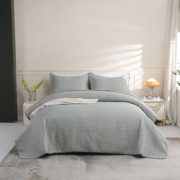 Kit Cobre Leito Colcha Matelado PomPom 300 Fios Cinza