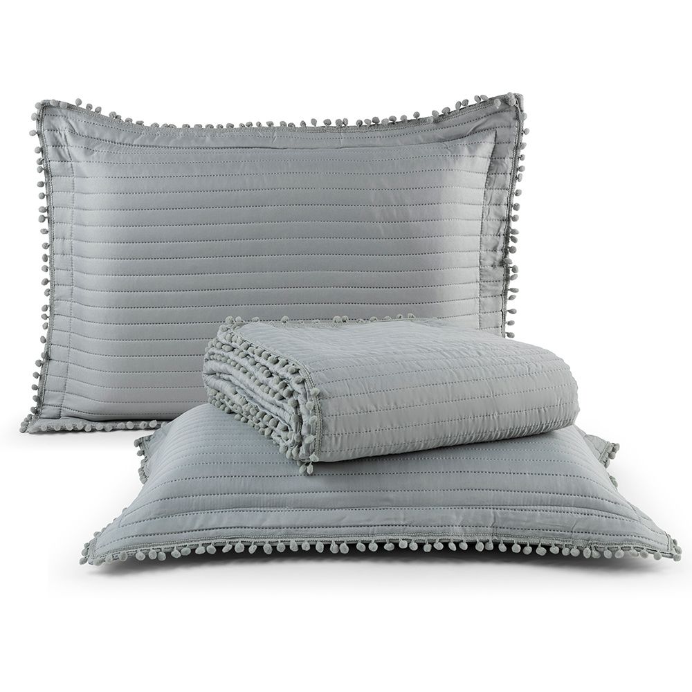 Kit Cobre Leito Colcha Matelado PomPom 300 Fios Cinza
